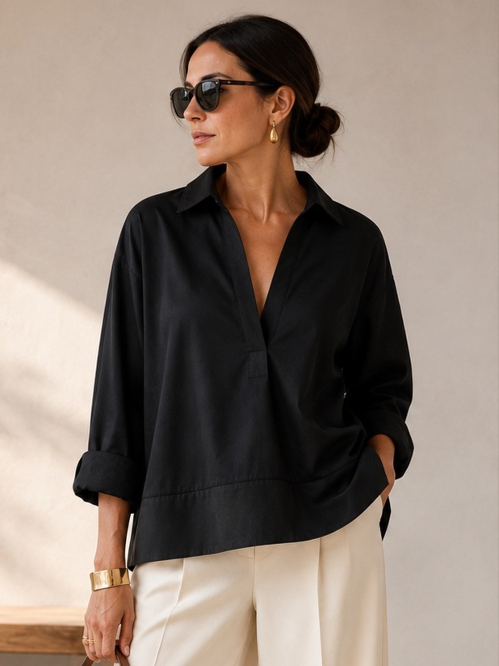 NWOT Banana Republic Black Oversized Cotton Poplin Popover Top size L Tall